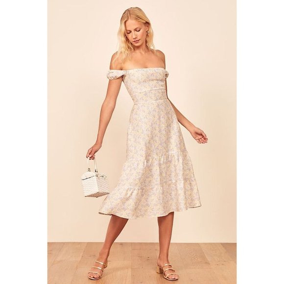 Reformation Dresses & Skirts - Reformation Off the Shoulder Toulouse Floral Smocked Midi Roxanne Dress 0